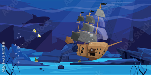 Vector illustration of a beautiful underwater landscape with a sunken ship. Cartoon scene underwater view with sunken pirate ship, bottles of rum, fish, shark, reefs, underwater rocks, stones, algae.