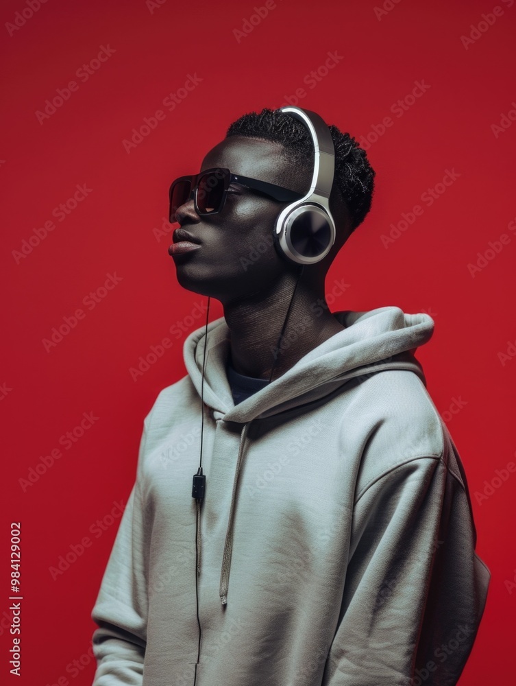 Man wearing headphones, standing against red background with urban style. Man wearing headphones, standing against red background with urban style.