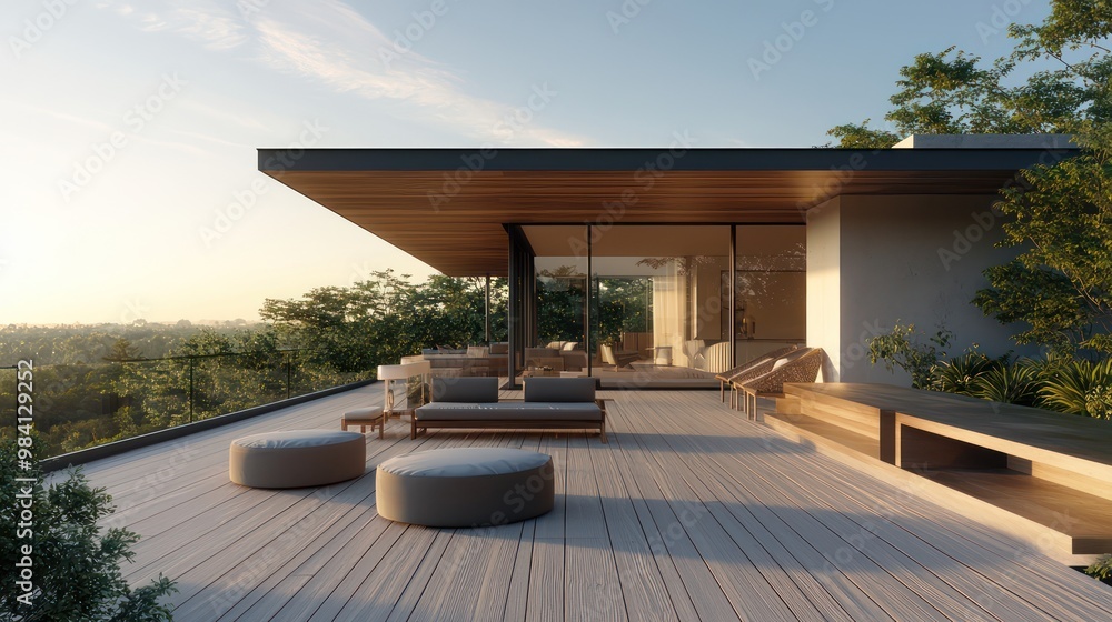 Fototapeta premium A modern house with a wood-accented roof terrace, featuring minimalist furniture and panoramic views of the surrounding nature