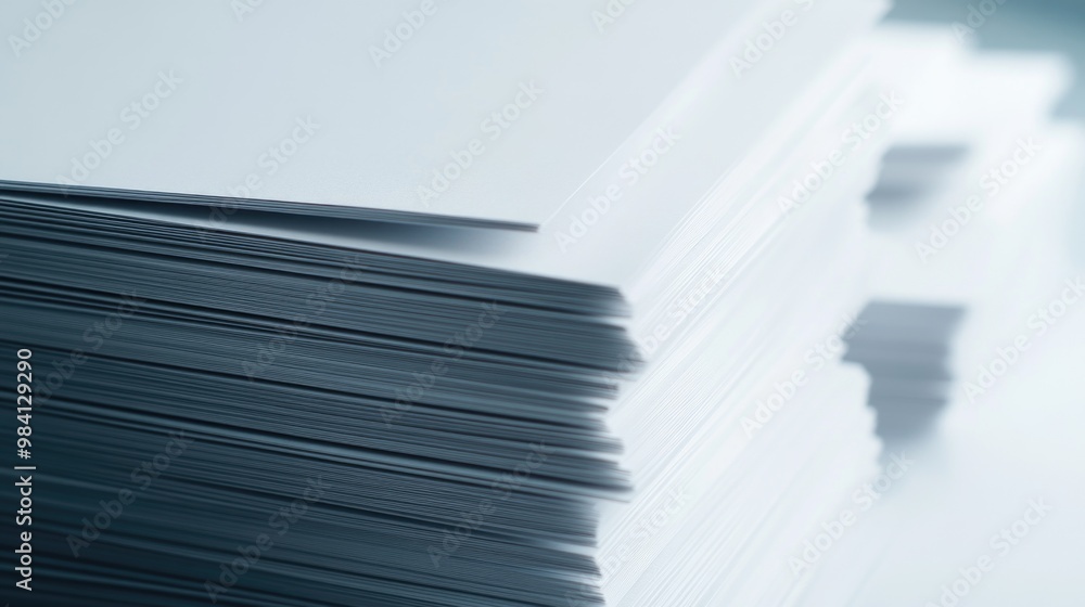 A stack of white papers with a blue border. The stack is piled high and the papers are all the same size A stack of white papers with a blue border. The stack is piled high and the papers are all the same size