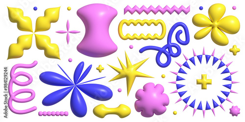 Naive playful abstract 3d neo brutalist shapes sticker pack. Groovy flowers, stars, zigzag in trendy retro y2k cartoon style. illustration with biomorphic geometric elements. Brutalism aesthetic.