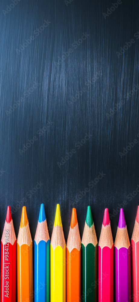 Colorful pencils in front of a blank blackboard. Back to school concept. Education banner Colorful pencils in front of a blank blackboard. Back to school concept. Education banner