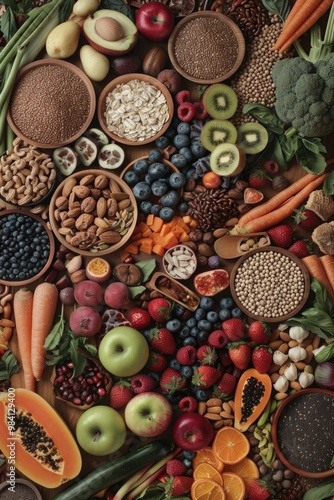 A table full of fruits and vegetables including apples, oranges, bananas, and carrots. Concept of abundance and health, as it showcases a variety of fresh produce