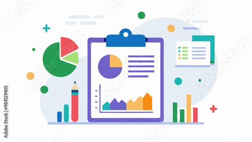 An infographic illustration displaying various charts and graphs, including pie charts and a financial report with charts and graphs. vector art illustration