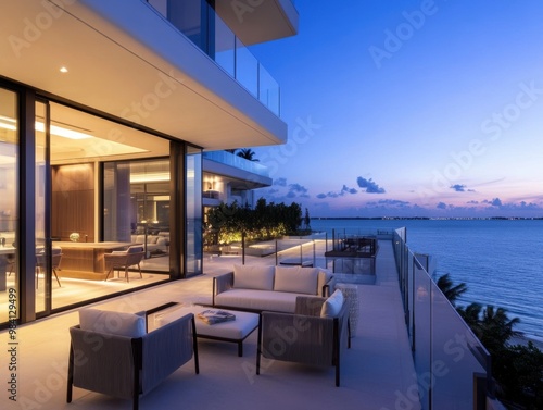 A modern balcony featuring sleek furniture and a glass railing