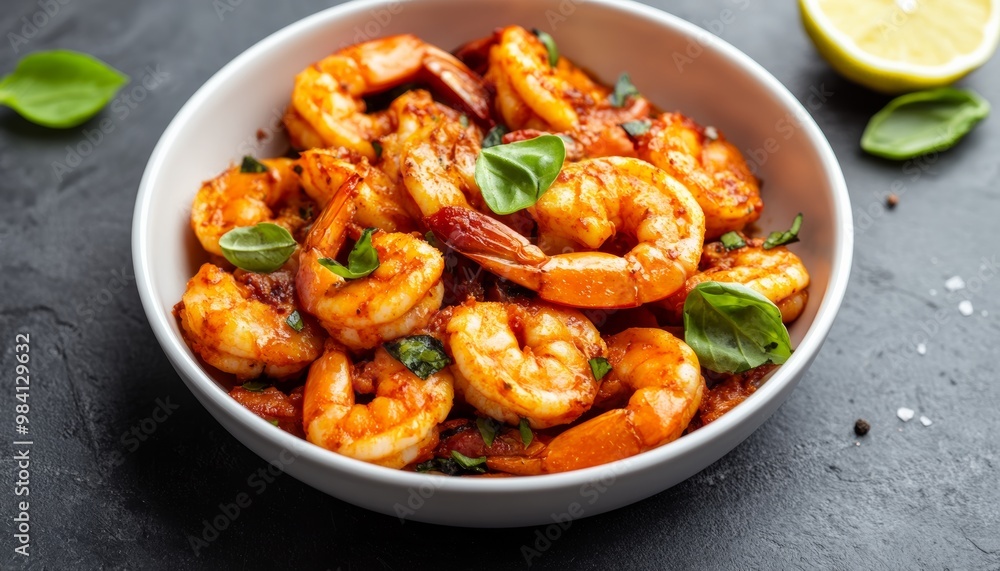Delicious cooked shrimp garnished with herbs in a bowl. Delicious cooked shrimp garnished with herbs in a bowl.