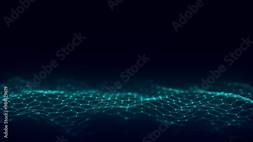 Digital hexagon dynamic wave of particles. Abstract blue futuristic background. Big data visualization. 3D rendering.