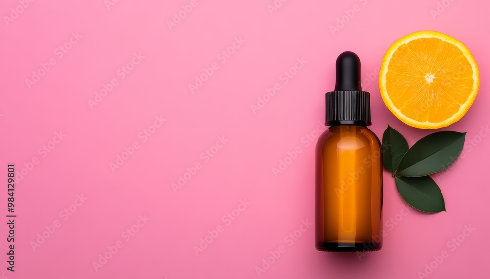 Essential oil bottle with orange slice and leaves, pink background. Essential oil bottle with orange slice and leaves, pink background.