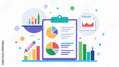 An infographic illustration displaying various charts and graphs, including pie charts and a financial report with charts and graphs. vector art illustration