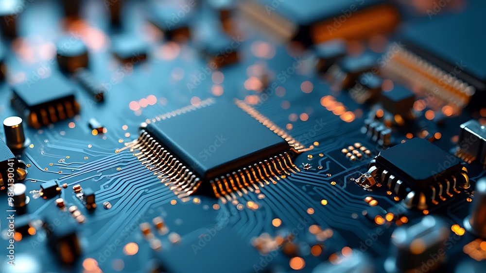 A close-up of a high-tech circuit board, showcasing intricate pathways and electronic components. This detailed visual represents modern technology, innovation, and the core of advanced electronics. A close-up of a high-tech circuit board, showcasing intricate pathways and electronic components. This detailed visual represents modern technology, innovation, and the core of advanced electronics.
