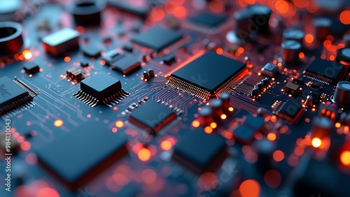 A close-up of a high-tech circuit board, showcasing intricate pathways and electronic components. This detailed visual represents modern technology, innovation, and the core of advanced electronics.