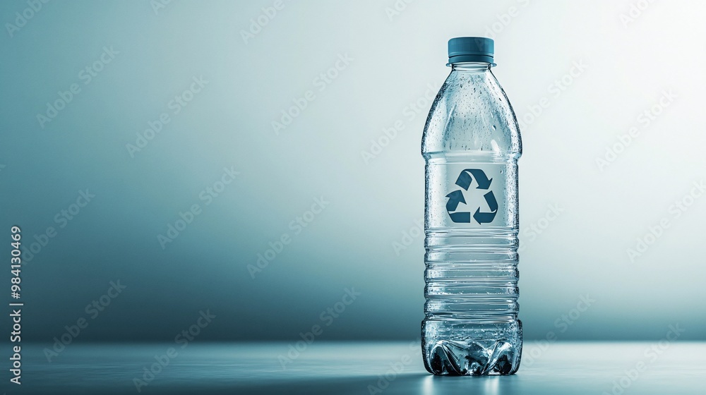 A clear plastic water bottle with a recycle symbol on its label. Photorealistic image isolated on a white background showing the bottle from a side angle. Large space for text in center Stock Photo A clear plastic water bottle with a recycle symbol on its label. Photorealistic image isolated on a white background showing the bottle from a side angle. Large space for text in center Stock Photo