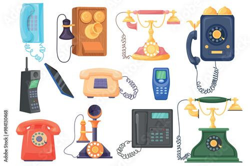 Set of retro telephones in flat cartoon design. This image shows a collection of phones with different designs, showing the evolution of communication technology. Vector illustration.