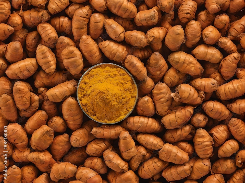 Aerial View Shot of Turmerics Scattered with Turmeric Powder in a Bowl Health Concept Aerial View Shot of Turmerics Scattered with Turmeric Powder in a Bowl Health Concept