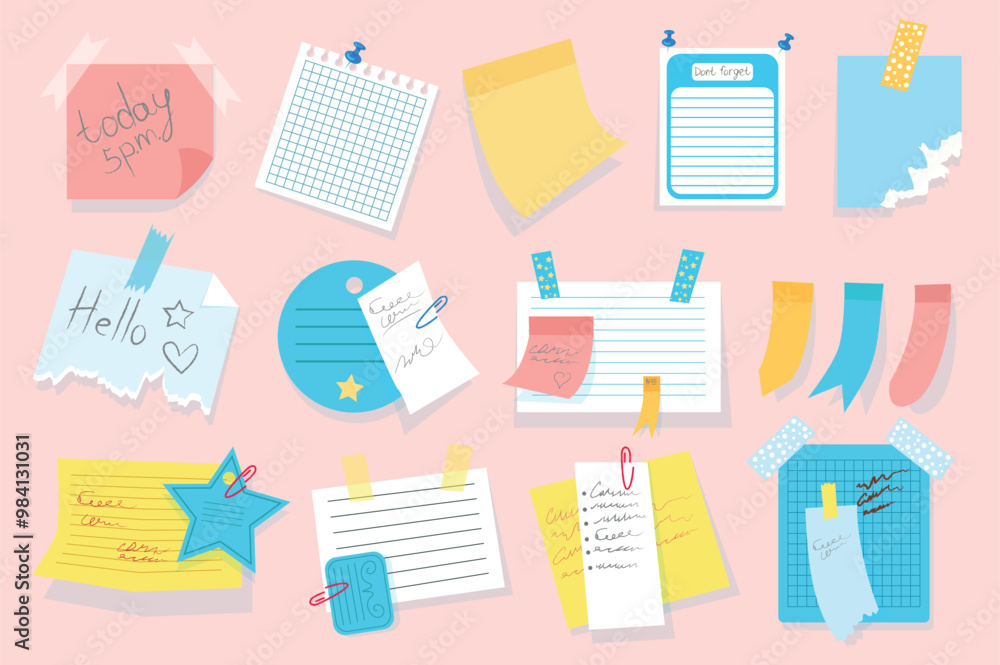 Set of sticky notes in flat cartoon design. This image shows a colorful assortment of illustrated stickers and reminders set against a pastel pink background. Vector illustration. Set of sticky notes in flat cartoon design. This image shows a colorful assortment of illustrated stickers and reminders set against a pastel pink background. Vector illustration.