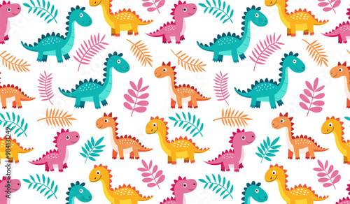 cute dinosaurs and tropical leaves. Children's colorful print for children's fabric, covers. Seamless background