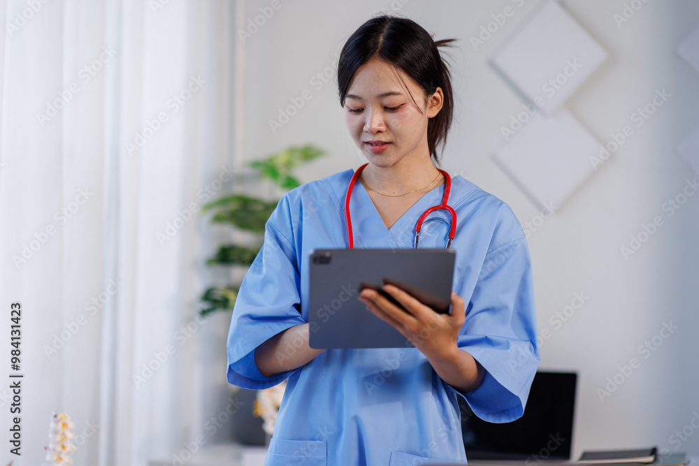 Smiling female nurse or
doctor healthcare worker in blue scrubs holding a digital tablet, perfect for telehealth or medical technology themes
Smiling female nurse or
doctor healthcare worker in blue scrubs holding a digital tablet, perfect for telehealth or medical technology themes