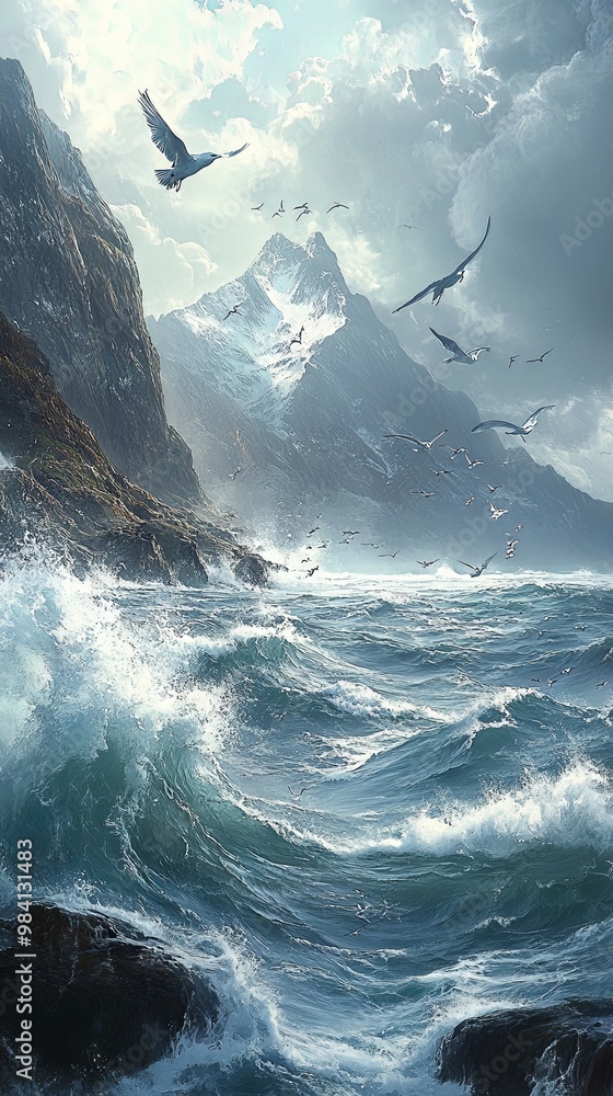Rocky coastline with waves crashing against the cliffs Rocky coastline with waves crashing against the cliffs