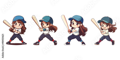 Set of cartoon girl characters playing baseball Hold the bat ready to hit the ball.