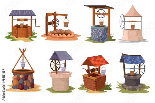 Set of water wells in flat cartoon design. A collection of different types of traditional wells and water extraction systems with different designs and constructions. Vector illustration.