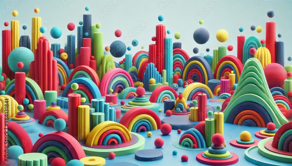 Abstract 3D landscape with colorful geometric shapes, arcs and spheres creating a fantasy city Abstract 3D landscape with colorful geometric shapes, arcs and spheres creating a fantasy city