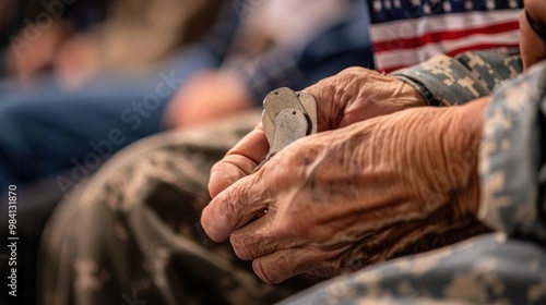 Veteran Holding Dog Tags and American Flag at Veterans Day Ceremony - Honoring Service and Sacrifice