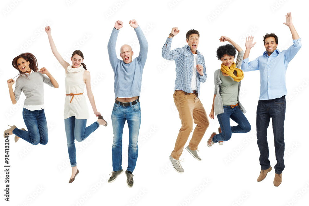 Obraz premium Happy, jump and portrait of people in studio for team building, collaboration and job success. Employee, smile and excited with celebration for partnership, achievement or winning on white background