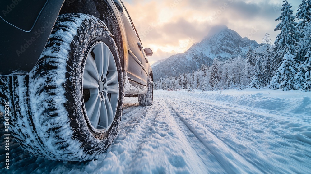 Closeup view of the cars wheel on the snowy road in natural park Closeup view of the cars wheel on the snowy road in natural park