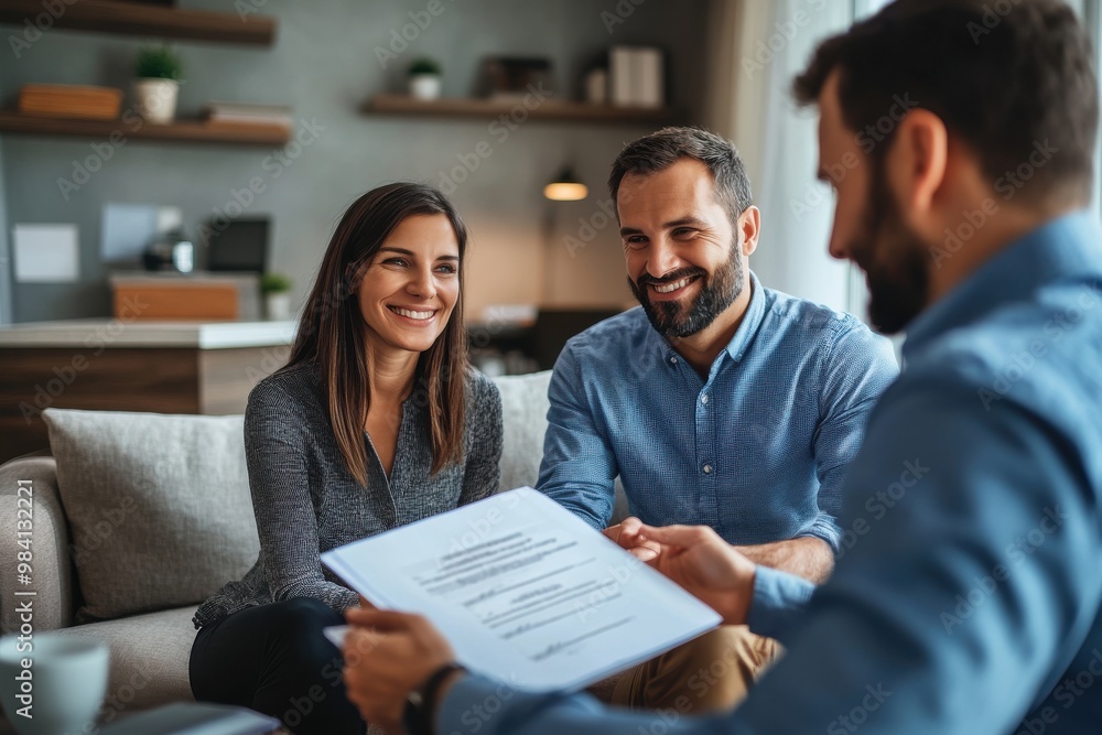 A smiling couple sitting together on a couch with the man handing over a document A smiling couple sitting together on a couch with the man handing over a document