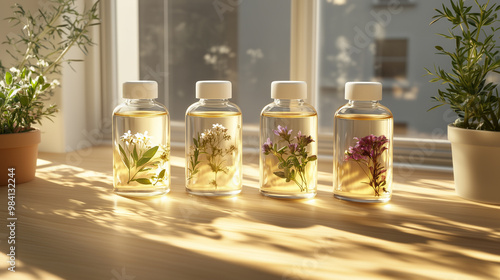 Four glass bottles with different colored flowers in them sit on a wooden table