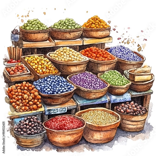 Watercolor Painting of a Market Stall with a Variety of Dried Goods.