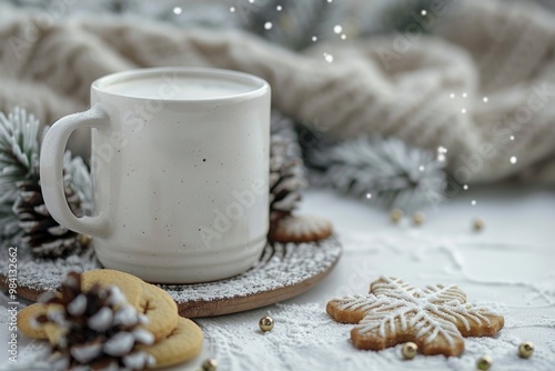 Christmas Coffee Cup. White Ceramic Mug with Christmas Decor on Wooden Table Background. Perfect space for creative advertising message or promotional content