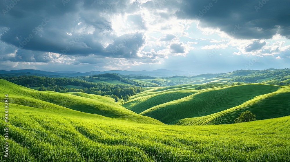 Obraz premium Rolling hills covered in lush green grass under a cloudy