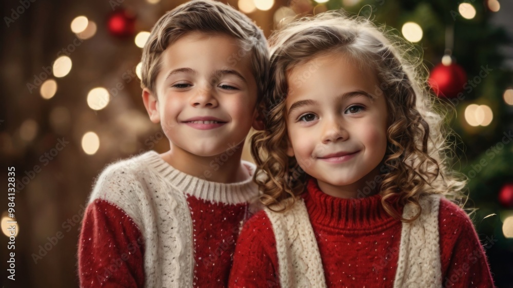 close up portrait portrait of two cheerful siblings, Little boy and girl goofing around on christmas close up portrait portrait of two cheerful siblings, Little boy and girl goofing around on christmas