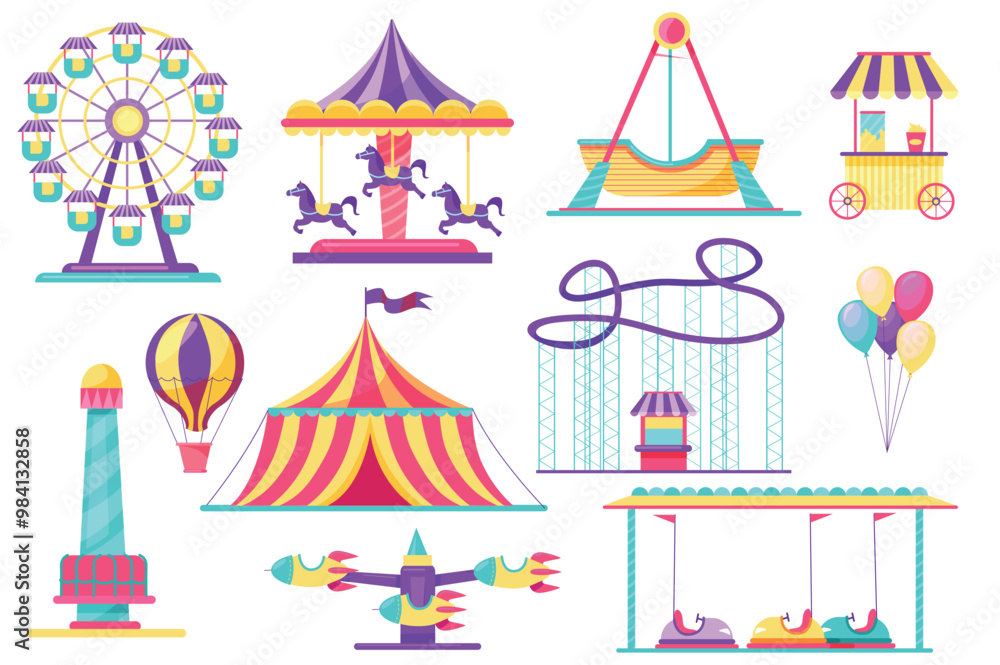 Set of fairground attractions in flat cartoon design. A colorful illustration depicting an assortment of amusement park rides. Vector illustration. Set of fairground attractions in flat cartoon design. A colorful illustration depicting an assortment of amusement park rides. Vector illustration.