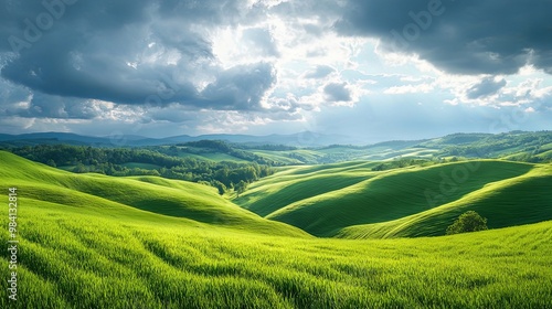 Rolling hills covered in lush green grass under a cloudy