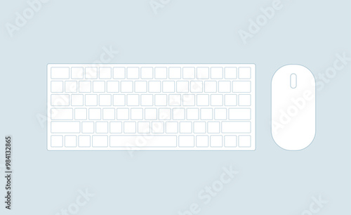 A simple vector illustration of a computer keyboard and mouse from a top-down view. The minimal design uses clean lines, perfect for tech, office, or web design projects with a modern, sleek style.