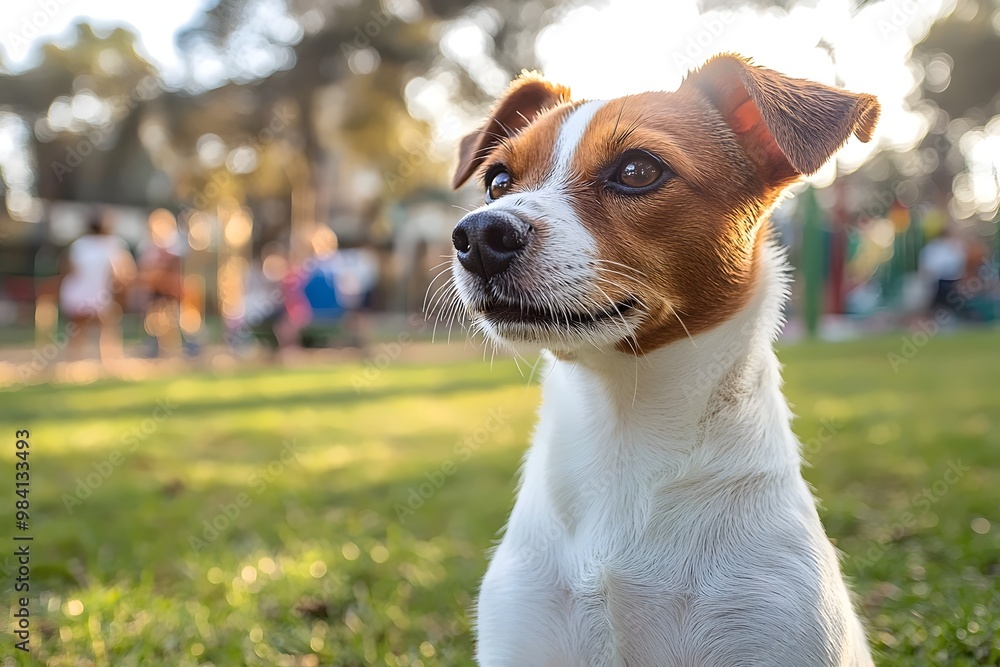 A small, white and brown dog sits in a grassy park, looking towards a blurry background of people. A small, white and brown dog sits in a grassy park, looking towards a blurry background of people.
