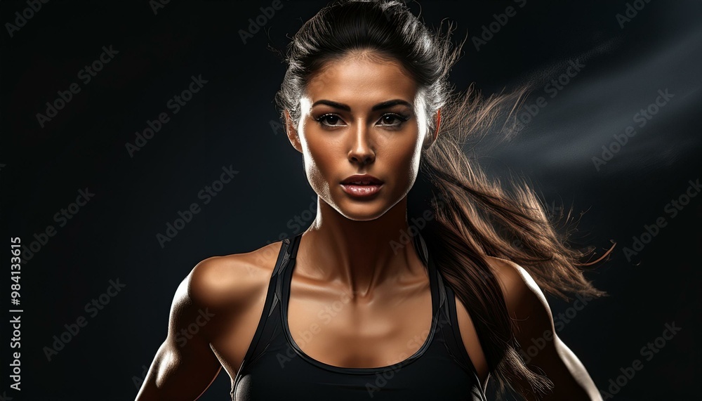 portrait of a brunette woman runner wearing black top on black background portrait of a brunette woman runner wearing black top on black background