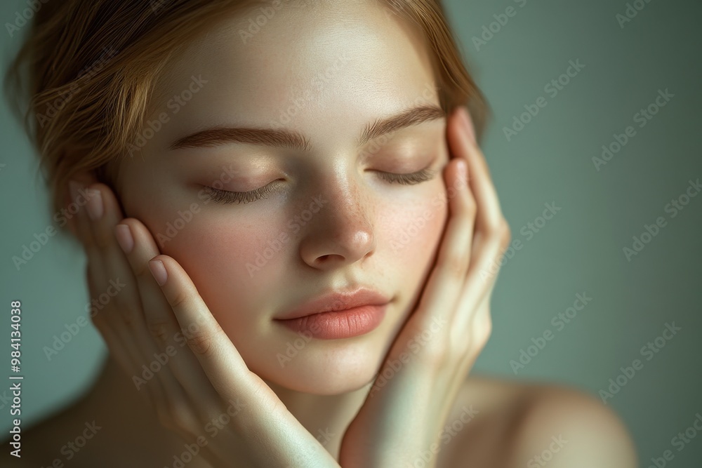 A soft, glowing portrait of a woman gently holding her face with both hands A soft, glowing portrait of a woman gently holding her face with both hands