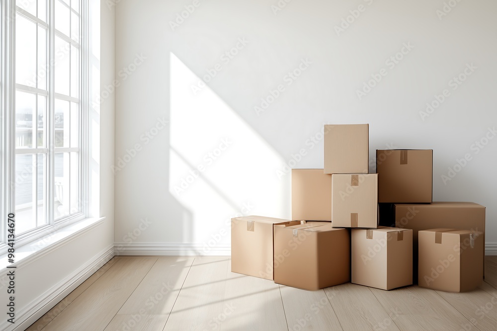 Pile of cardboard boxes stacked in sunlit empty room Pile of cardboard boxes stacked in sunlit empty room