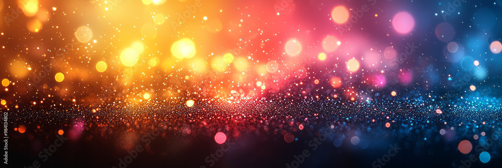 Obraz premium Radiant light bursting from the center with soft bokeh dots in pink, yellow, and blue scattered around,