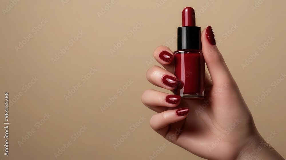 Young Woman hands hold red nail polish bottle on beige studio background,red nail polish manicure,beauty,fashion concept.Copy space.