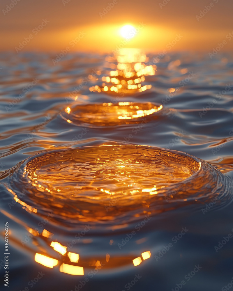 Multiple golden circular arcs suspended above a glassy water surface, Multiple golden circular arcs suspended above a glassy water surface,