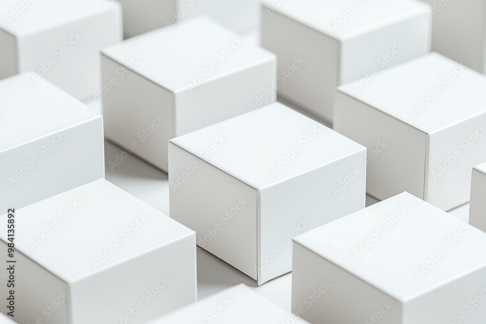 Uniform white boxes arranged in a symmetrical grid pattern Uniform white boxes arranged in a symmetrical grid pattern