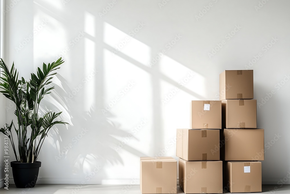 Pile of cardboard boxes stacked in an empty room with a plant Pile of cardboard boxes stacked in an empty room with a plant
