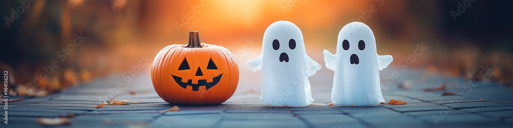 Halloween greeting card. Two ghosts and a pumpkin Halloween greeting card. Two ghosts and a pumpkin