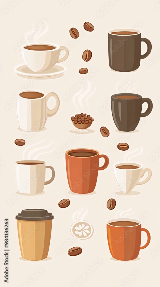 Obraz premium A set of 9 illustrated coffee cups with steam and coffee beans.