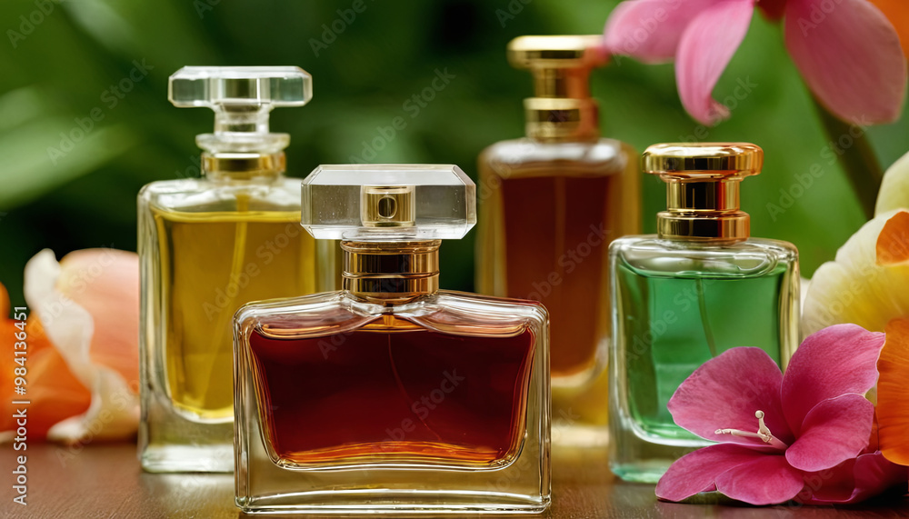 Elegant glass perfume bottles in varied colors sit on a wooden surface, complemented by vibrant natural flowers, creating a harmonious atmosphere of fragrance Elegant glass perfume bottles in varied colors sit on a wooden surface, complemented by vibrant natural flowers, creating a harmonious atmosphere of fragrance