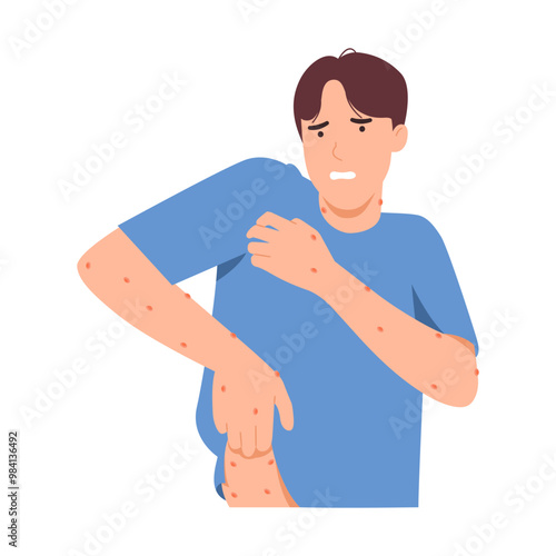 Man has skin problem with rash on his body, suffering from blister disease, itchy allergies all over his body, isolated vector illustration on white background.